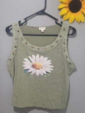 POL Fall Olive Green Daisy Graphic Lace-Trim Studded Tank Top Sz Lg
